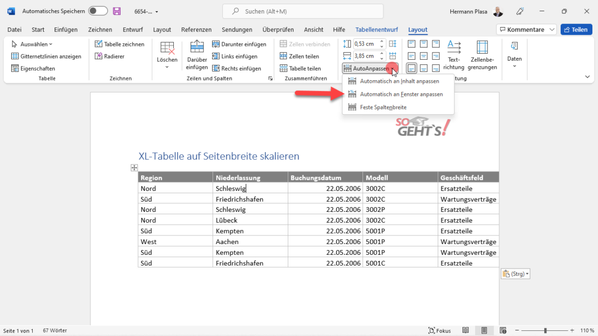 So skalieren Sie in Word 365 Tabellen exakt auf Seitenbreite