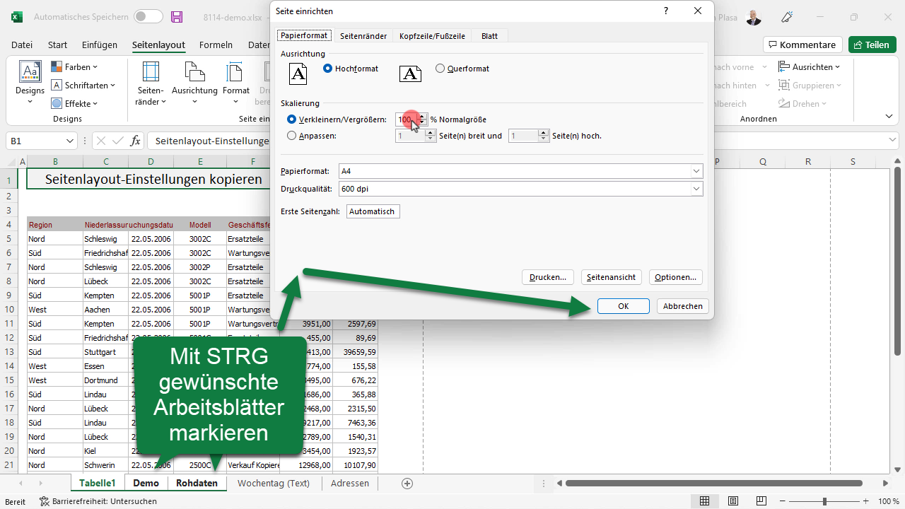 Excel 365 Tipp: Seiteneinstellungen auf andere Arbeitsblätter kopieren