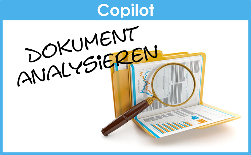 Illustration eines geöffneten Ordners mit Dokument und Lupe als Symbol für das Analysieren von Dokumenten im Rahmen des Copilot E Learning Kurses