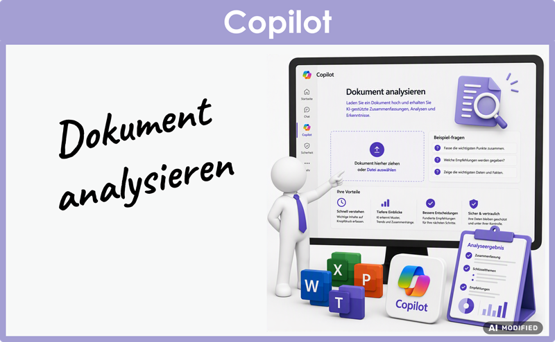 Microsoft Lernvideo Copilot 02 Dokument Analysieren Illustration eines geöffneten Ordners mit Dokument und Lupe als Symbol für das Analysieren von Dokumenten im Rahmen des Copilot E Learning Kurses