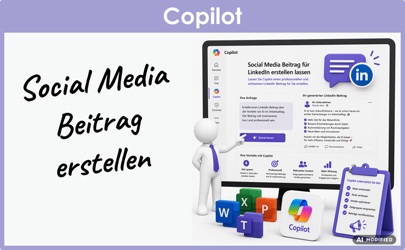 Microsoft Lernvideo Copilot 03 Social Media Beitrag Erstellen Illustration einer Person, die einen LinkedIn Beitrag in ein Laptop tippt als Symbol zur Veranschaulichung der Nützlichkeit von Microsoft 365 Copilot